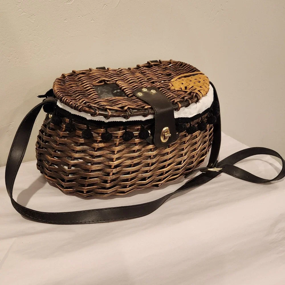 Vintage Decor, Wicker Picnic Basket/Hamper/Creel, leather strap & Closure